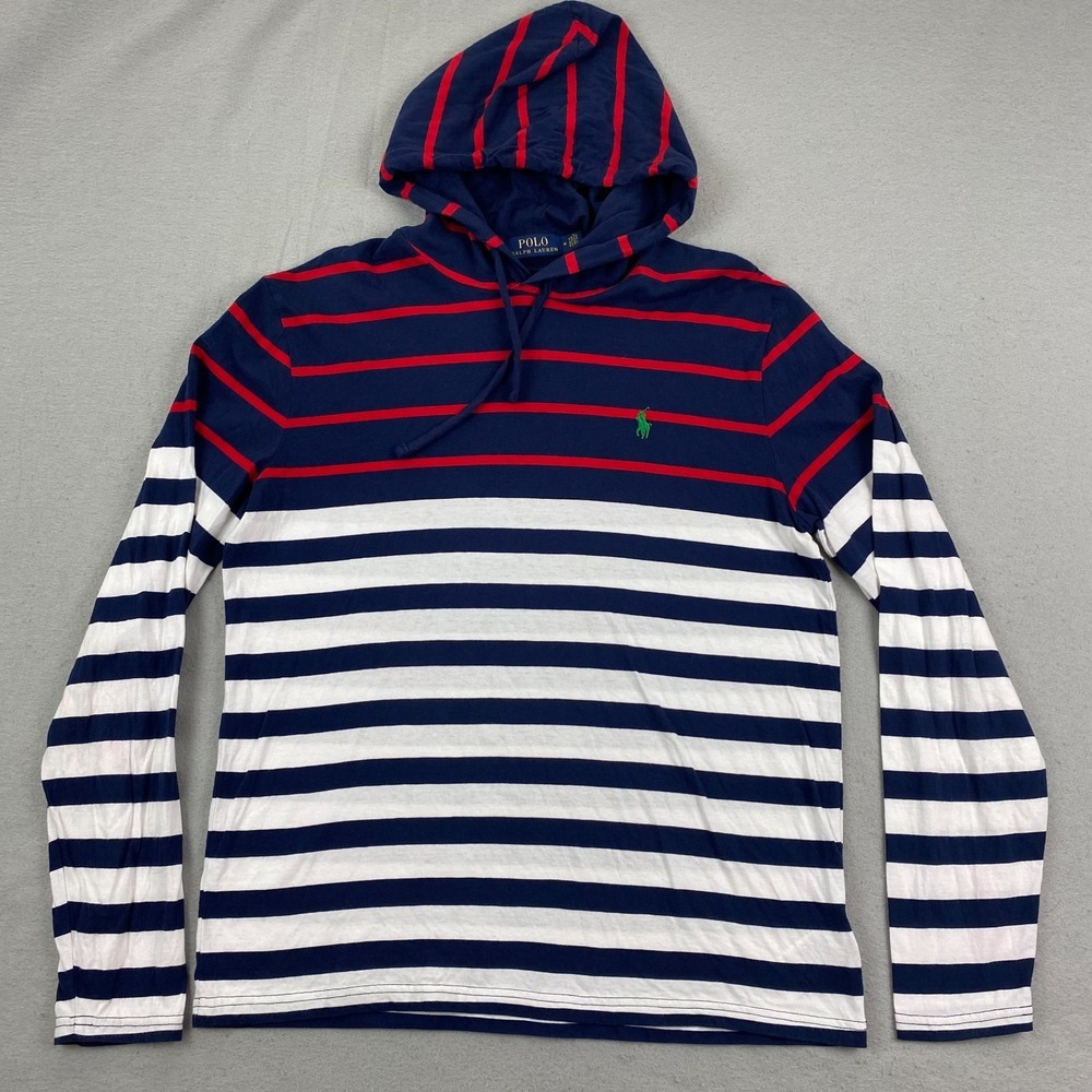Polo Ralph Lauren Mens Hooded T-Shirt M White Navy Red Multi Striped